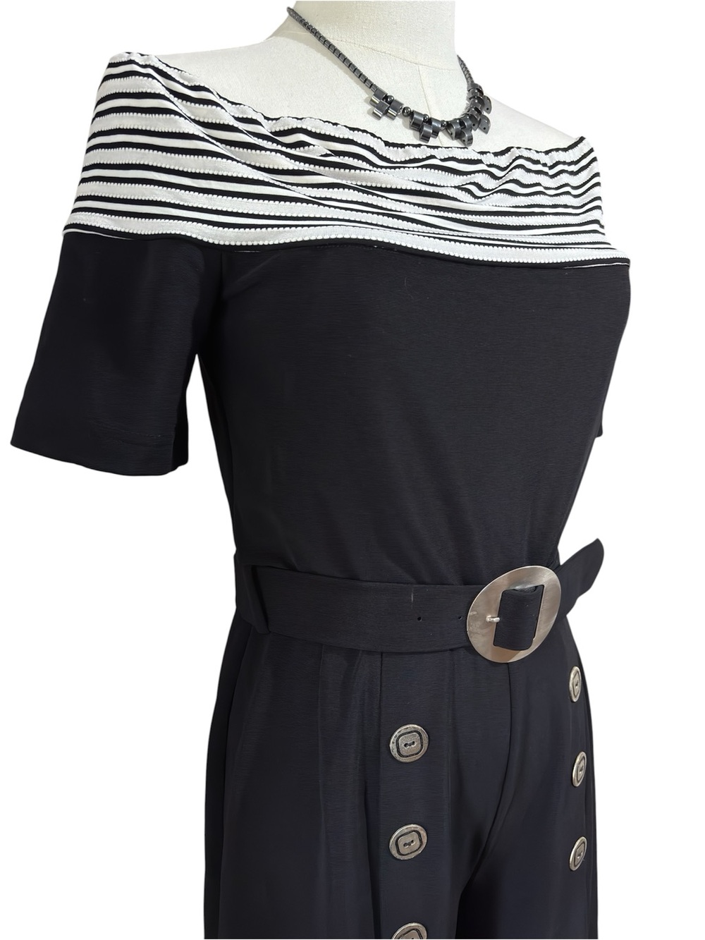 Joseph Ribkoff Wide Leg Jumpsuit 6 Nautical Off Shoulder Quiet Luxury Black - Picture 4 of 12